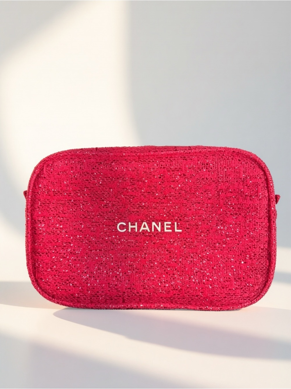 CHANEL Red Tweed Cosmetic Bag Makeup Pouch Gold Hardware
